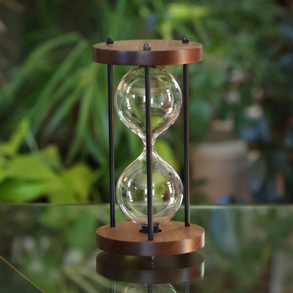 Solid Walnut Hourglass Urn With Black Metal Spindles