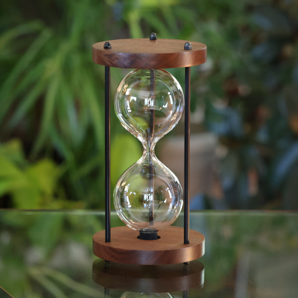 Solid Walnut Hourglass Urn With Black Metal Spindles