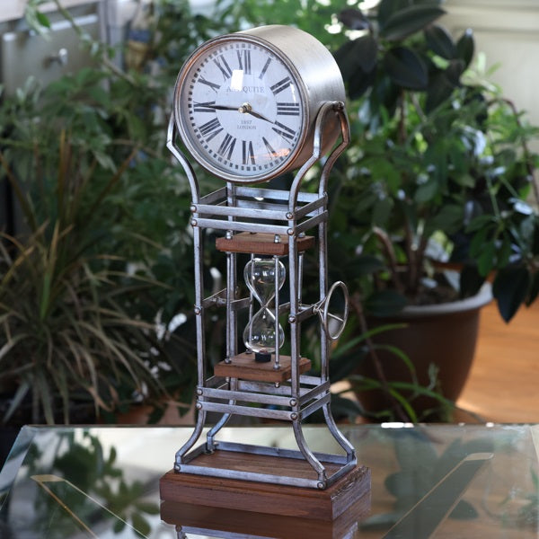 Metal Vintage Clock and Rotating Hourglass Urn