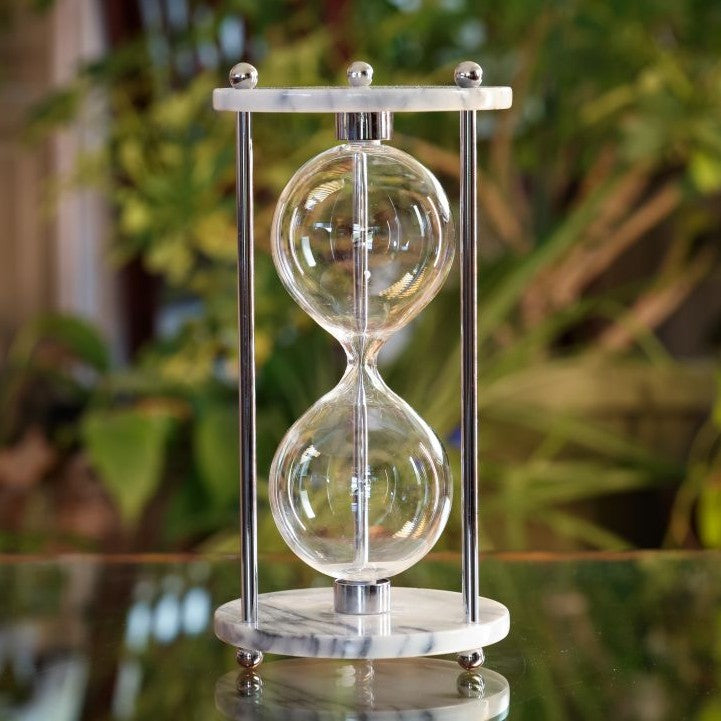 White Marble Hourglass Urn with Chrome Spindles