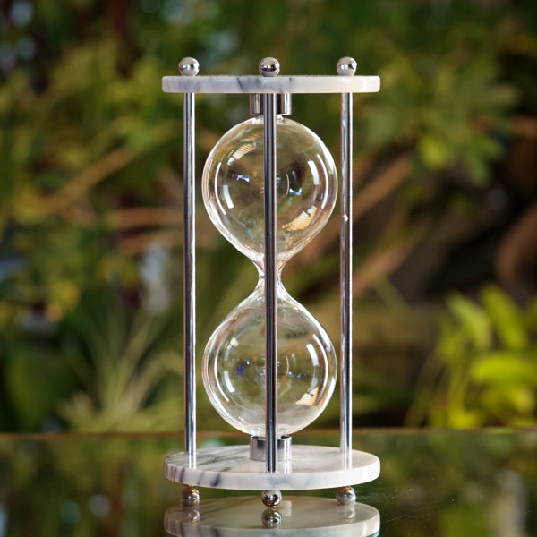 White Marble Hourglass Urn with Chrome Spindles