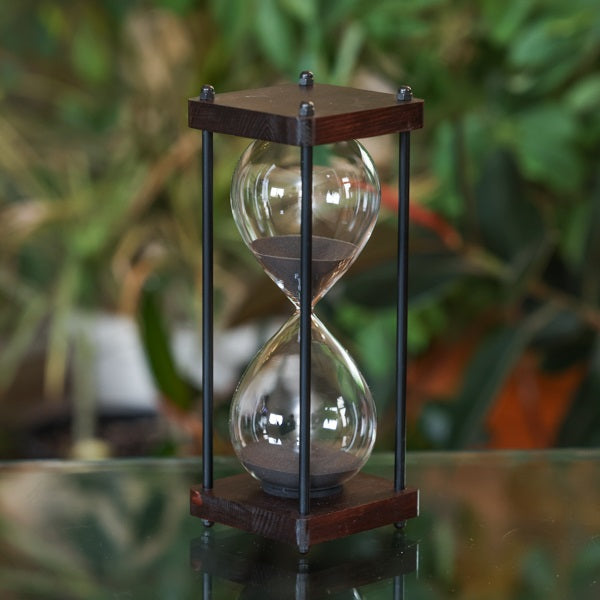 Wood Square Hourglass Urn with Black Metal Spindles