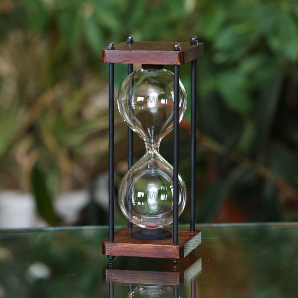 Wood Square Hourglass Urn with Black Metal Spindles