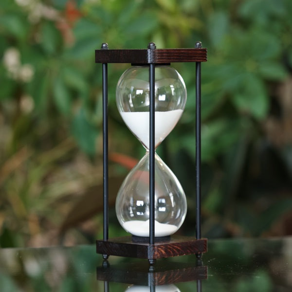 Square Wood Hourglass with Black Spindles White or Black Sand